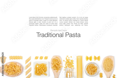 various pasta on white background top view
