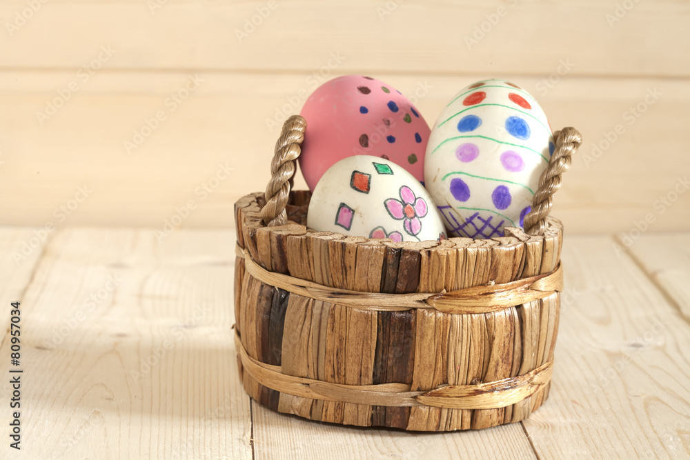 Easter eggs in the basket of wooden Easter eggs in the basket of wooden