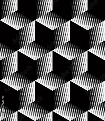 Monochrome illusory abstract geometric seamless pattern with 3d