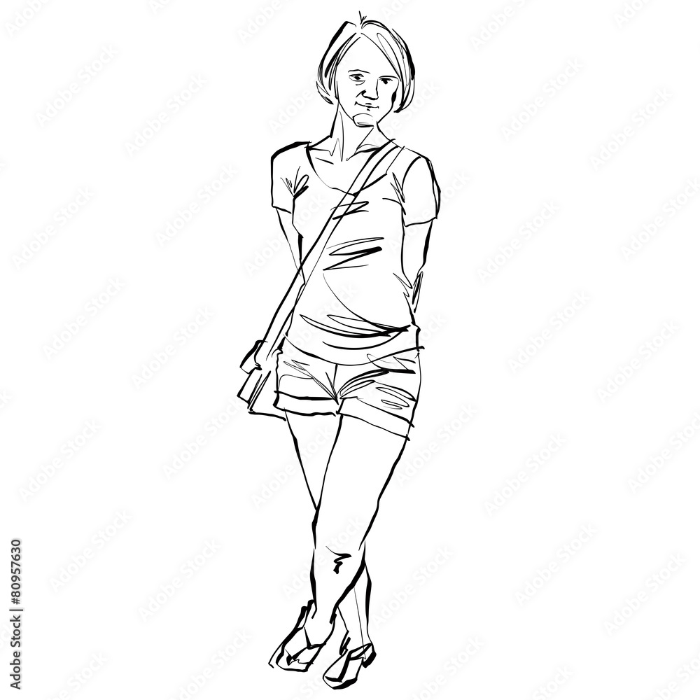 Black and white hand drawn illustration of a woman, teenage girl Black and white hand drawn illustration of a woman, teenage girl
