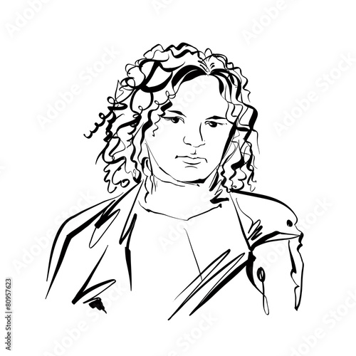 Black and white hand drawn illustration of a woman, sad girl wit
