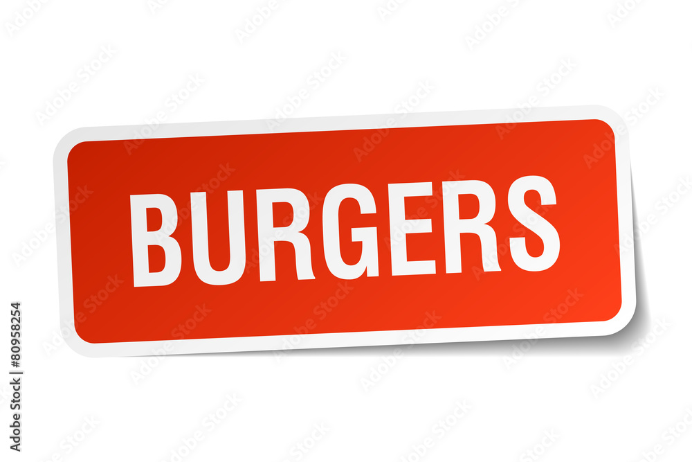 burgers red square sticker isolated on white burgers red square sticker isolated on white