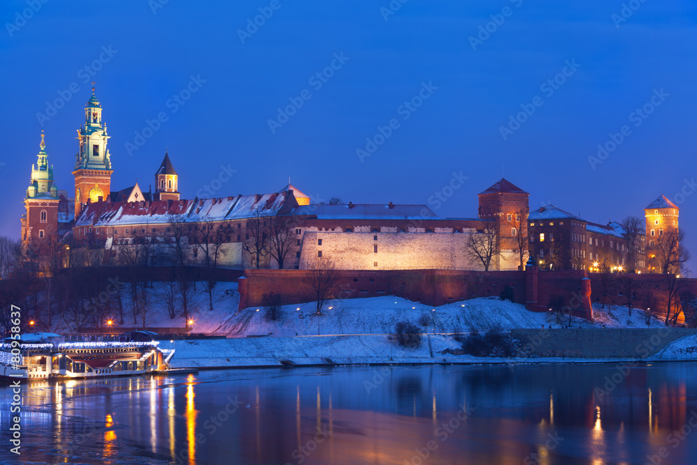 Wawel castle in night illumination in the winter. Krakow, Poland