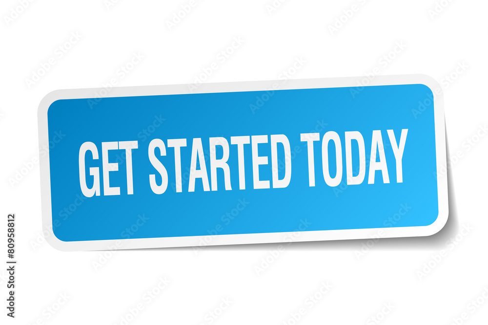 get started today blue square sticker isolated on white get started today blue square sticker isolated on white