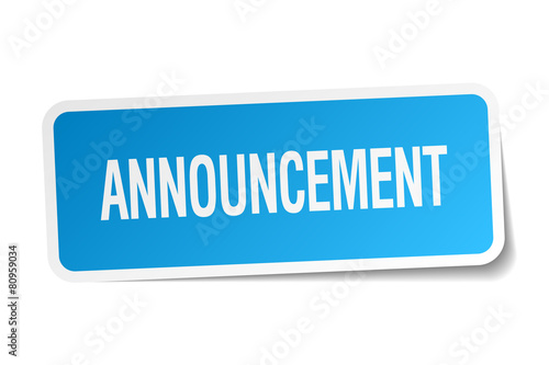 announcement blue square sticker isolated on white