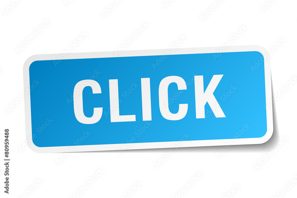 click blue square sticker isolated on white click blue square sticker isolated on white