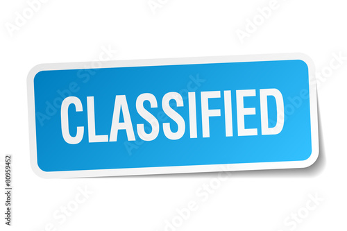 classified blue square sticker isolated on white