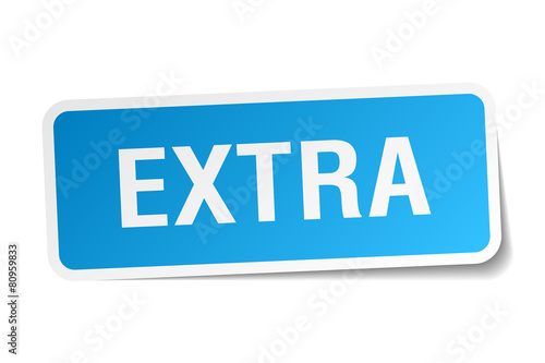 extra blue square sticker isolated on white