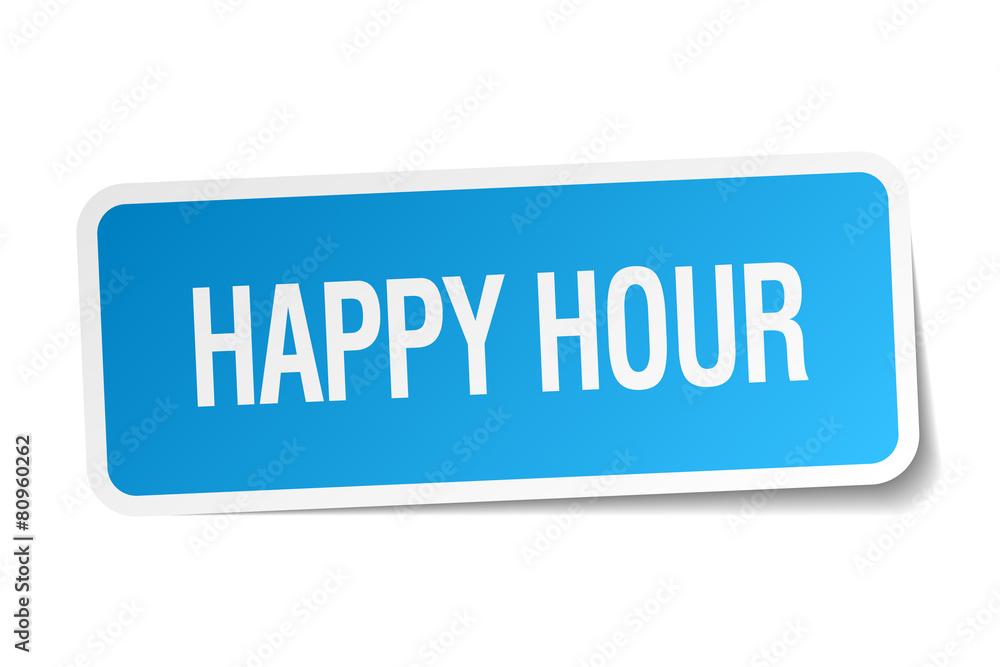 happy hour blue square sticker isolated on white happy hour blue square sticker isolated on white