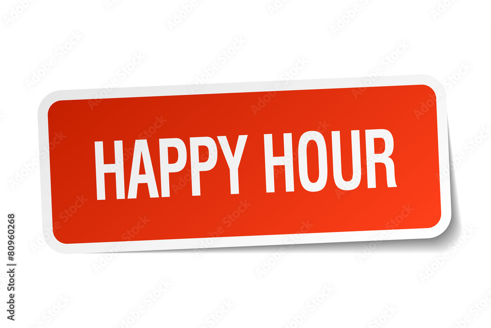 happy hour red square sticker isolated on white happy hour red square sticker isolated on white