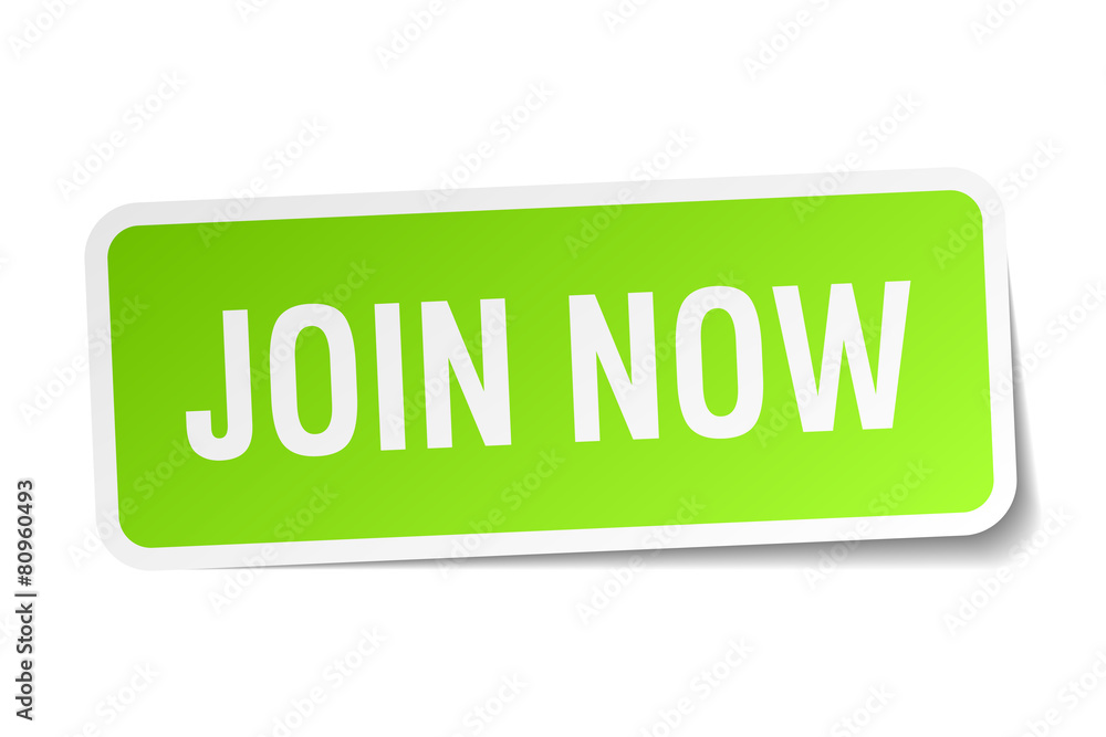 join now green square sticker on white background join now green square sticker on white background
