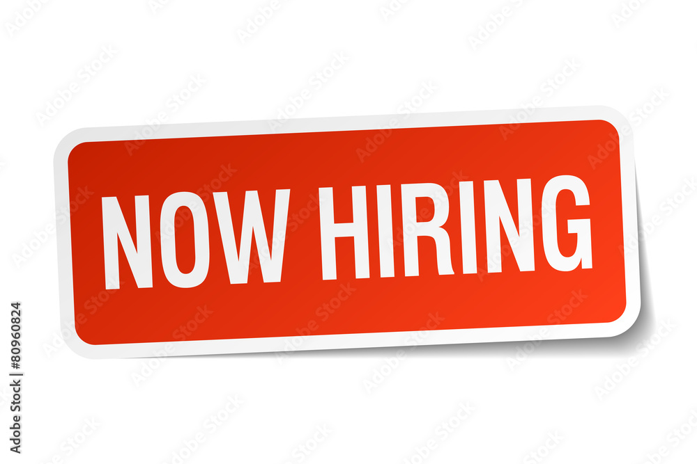 now hiring red square sticker isolated on white now hiring red square sticker isolated on white