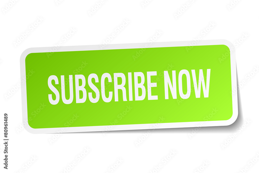 subscribe now green square sticker on white background subscribe now green square sticker on white background