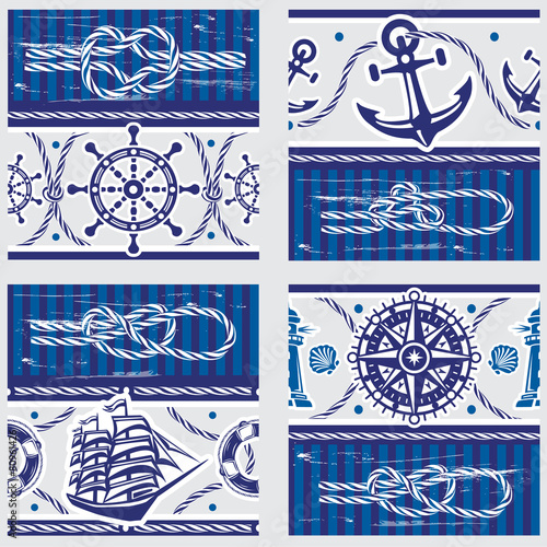 Seampless patterns with Nautical symbols and  marine knots