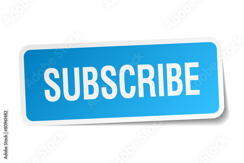 subscribe blue square sticker isolated on white