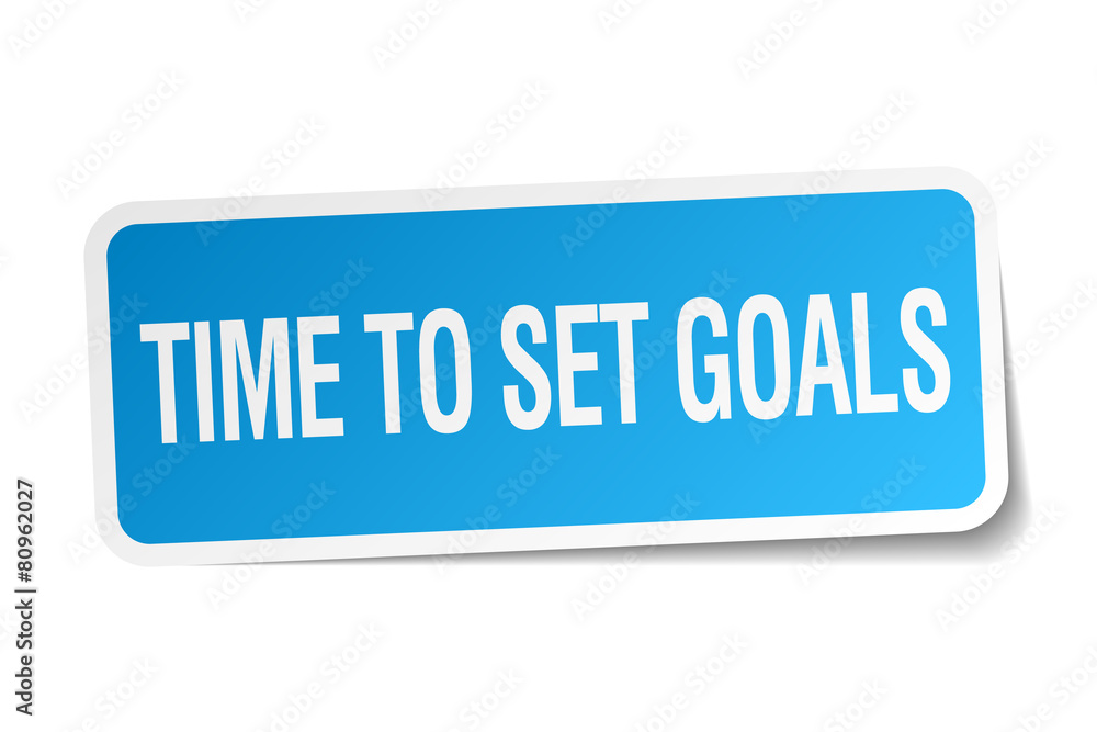time to set goals blue square sticker isolated on white