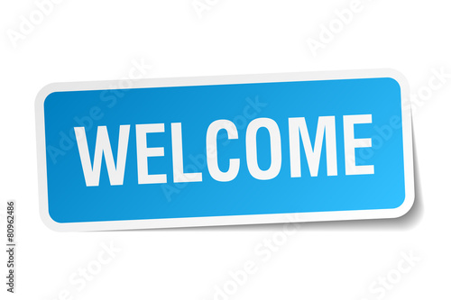 welcome blue square sticker isolated on white