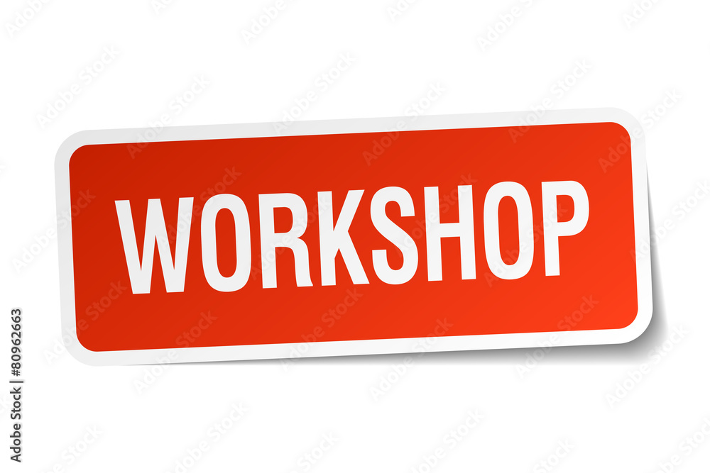 workshop red square sticker isolated on white workshop red square sticker isolated on white