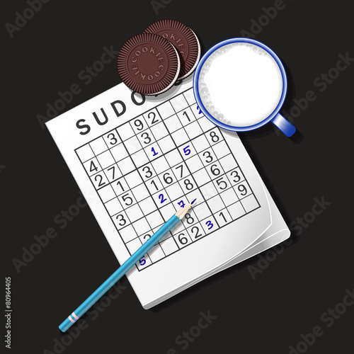 illustration of Sudoku game, mug of milk and chocolate cookies