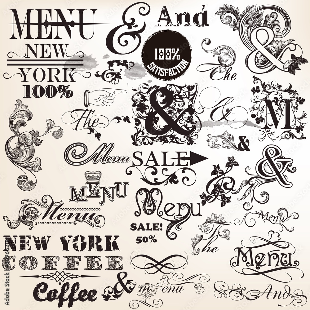 Collection of vector signatures and the and menu in antique styl Collection of vector signatures and the and menu in antique styl