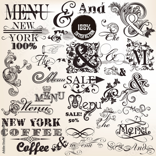 Collection of vector signatures and the and menu in antique styl