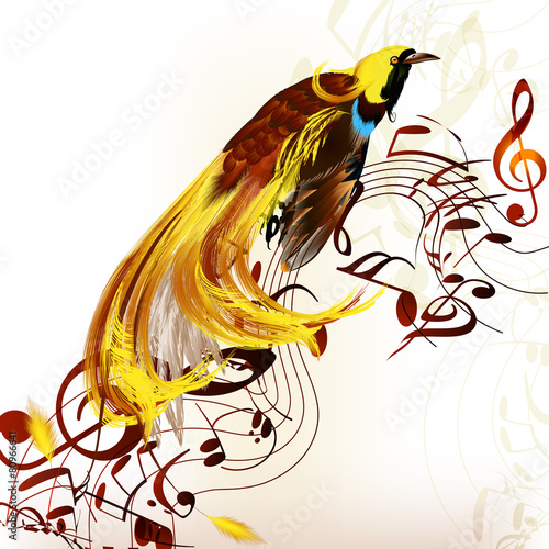 Colorful tropical bird with staves and notes