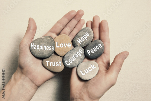 Photography Inner balance concept: hands holding stones with the words happi