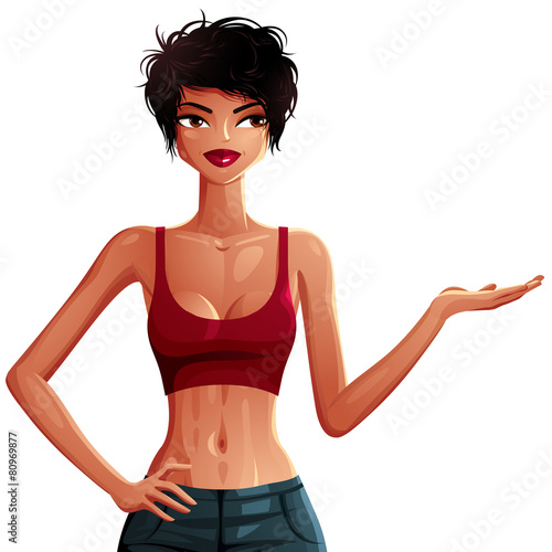 Beautiful tanned woman showing some empty copy space to side wit