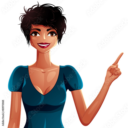 Beautiful tanned woman wearing an elegant blouse, pointing finge