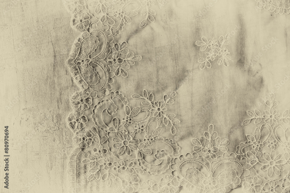 Naklejka premium top view of vintage hand made beautiful lace fabric. black and w