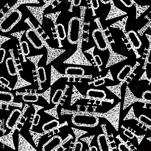 Musical theme seamless background, seamless pattern with trumpet