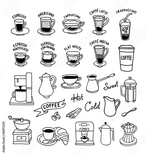 Hand drawn coffee icons: cups, coffee machine, coffee mill