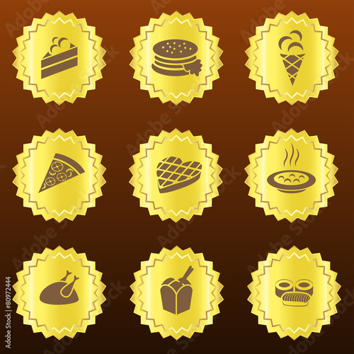 Set of golden food-related badges / medals