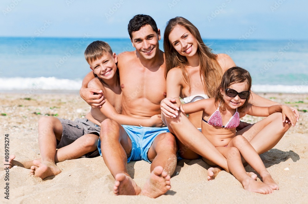 Son. Happy Family Having Fun at the Beach. Joyful Big Family Son. Happy Family Having Fun at the Beach. Joyful Big Family