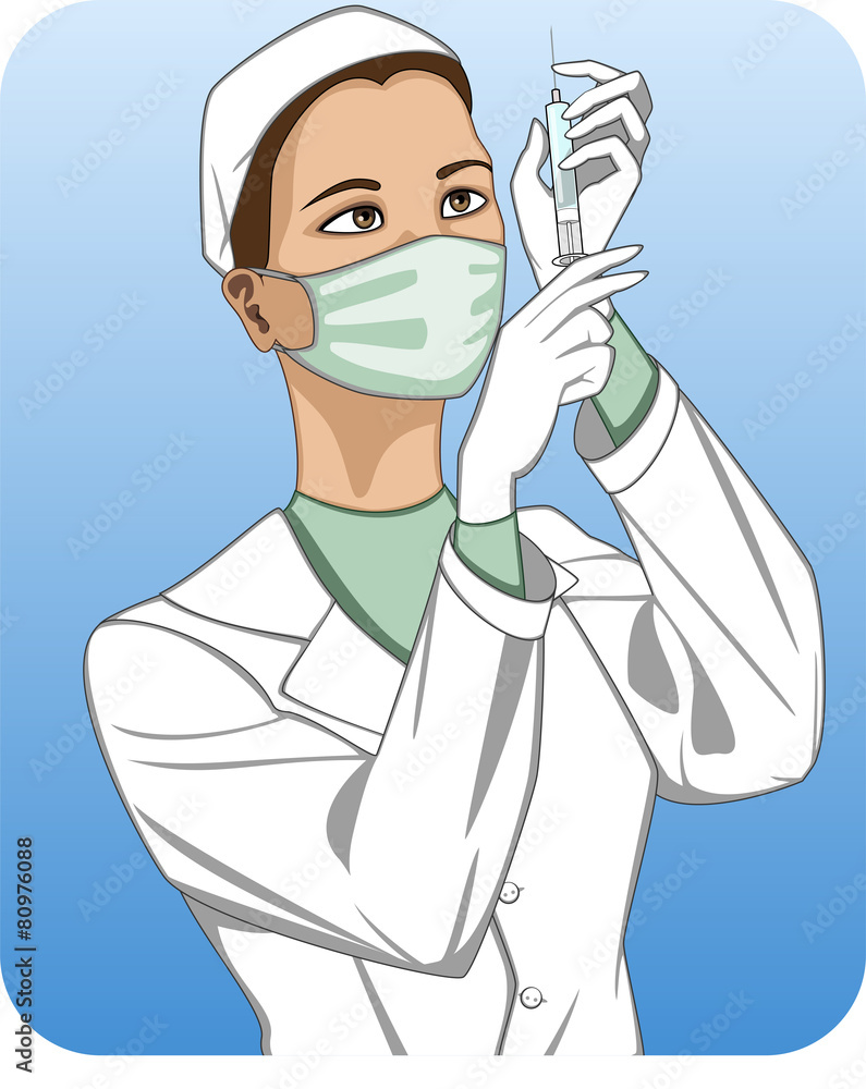 Fototapeta premium Nurse holding syringe with medicine; on blue background