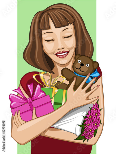 Happy girl with lots of presents; on white/green background