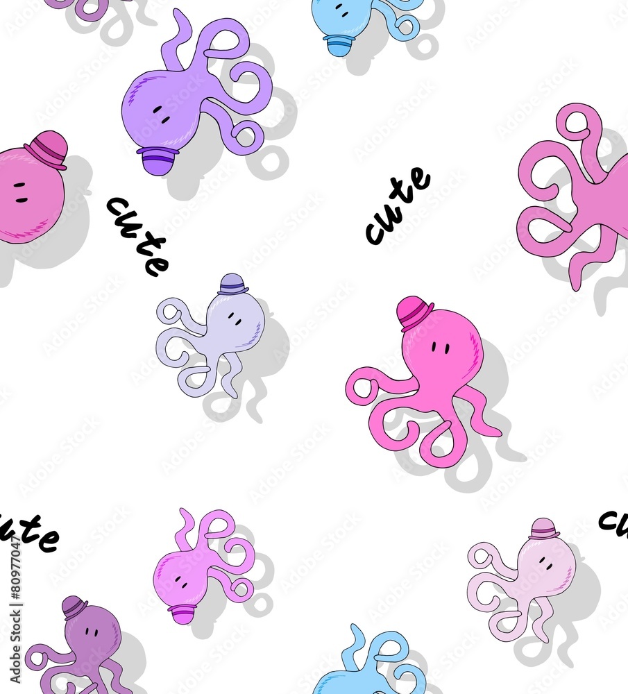 Fototapeta Seamless cute octopus pattern with drop shadow