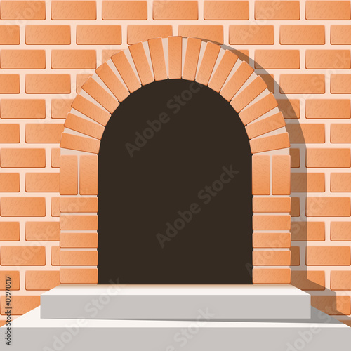 Obraz na płótnie Arched medieval door in a brick wall with stairs w salonie