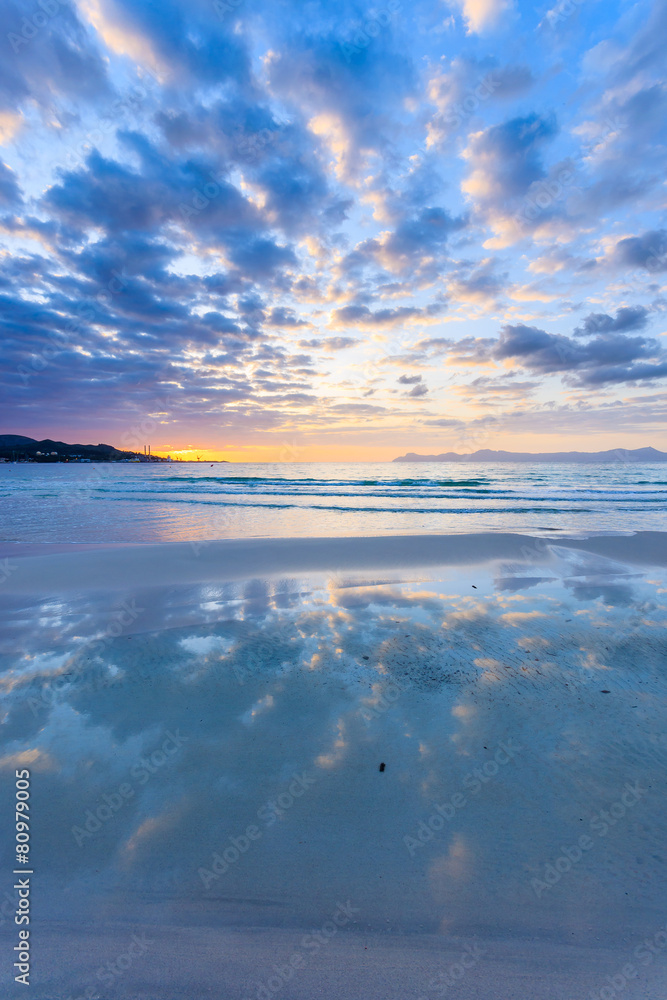 Beautiful sunrise on Alcudia beach, Majorca island, Spain