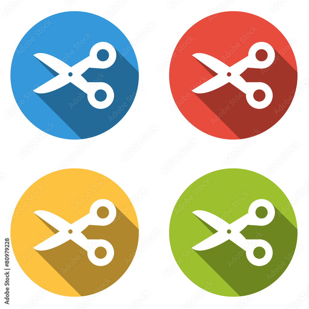 Collection of 4 isolated flat buttons (icons) for scissors Collection of 4 isolated flat buttons (icons) for scissors