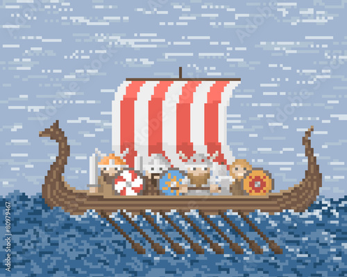 Vikings Sail On A Ship At Sea, Pixel Art Style