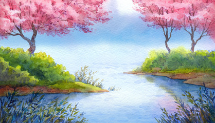 Spring watercolor landscape. Flowering trees over lake