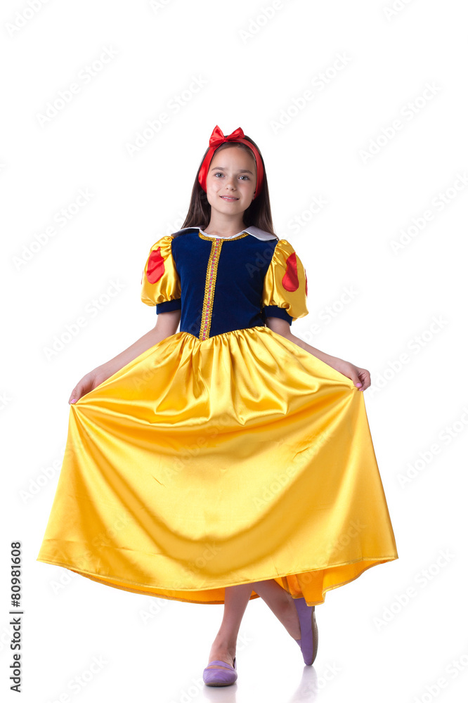 Charming girl dressed as Snow White doing curtsy