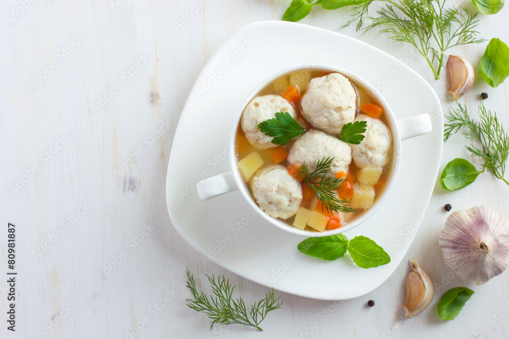 Soup with chicken meatballs and vegetables Soup with chicken meatballs and vegetables