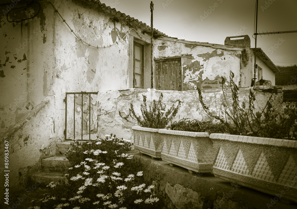 old country house with a garden and an antenna Stock Photo | Adobe Stock