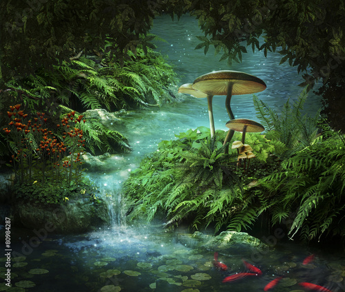 Fantastic river and pond with red fishes and mushrooms