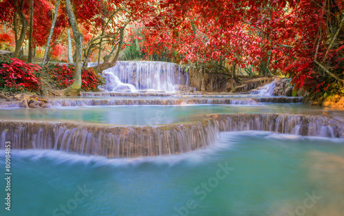Waterfall in rain forest (Tat Kuang Si Waterfalls at Luang praba