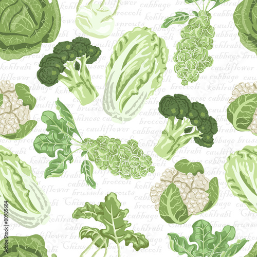 Seamless pattern with different varieties of cabbage