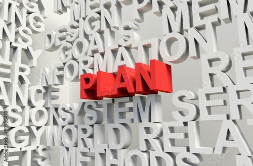 PLAN Word in red, 3d illustration.
