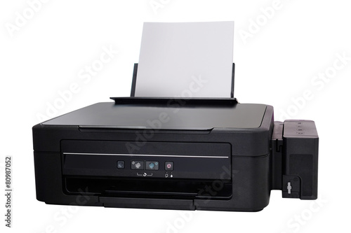 Black printer and paper closeup